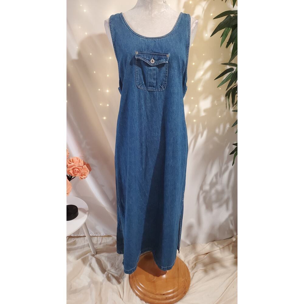 Vtg 90s Bill Blass Denim Daisy Tieback Maxi Overall Dress Size L Cottage Modest